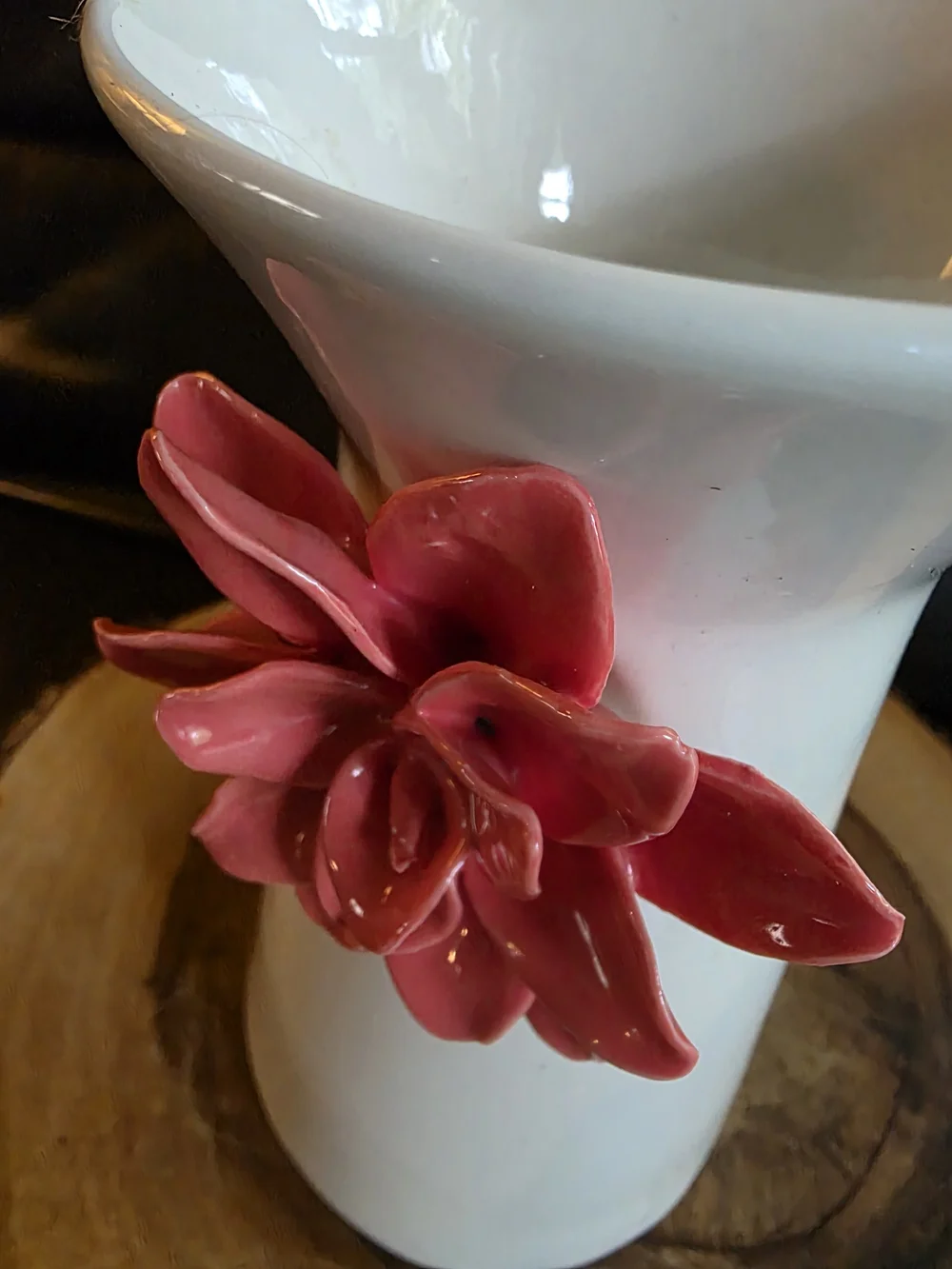 Vintage Shabby Chic White Ceramic Vase with 3D Pink Flower Accent